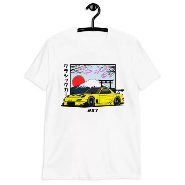 racecar-yellow-rx7-t-shirt-hanged-front-view